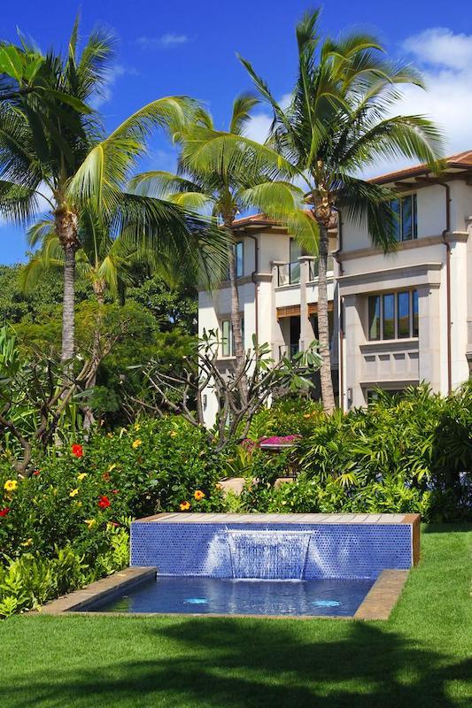 Waterfalls are featured in the landscaping